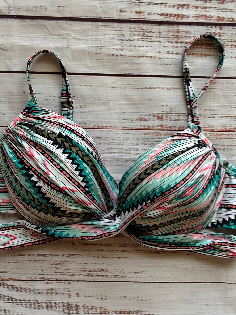 Coco Reef White Boho Swim Top with Pink and Teal Geometric Trim